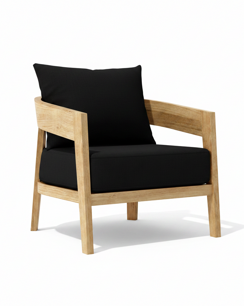 Toscana teak lounge chair with black cushion on white background.  