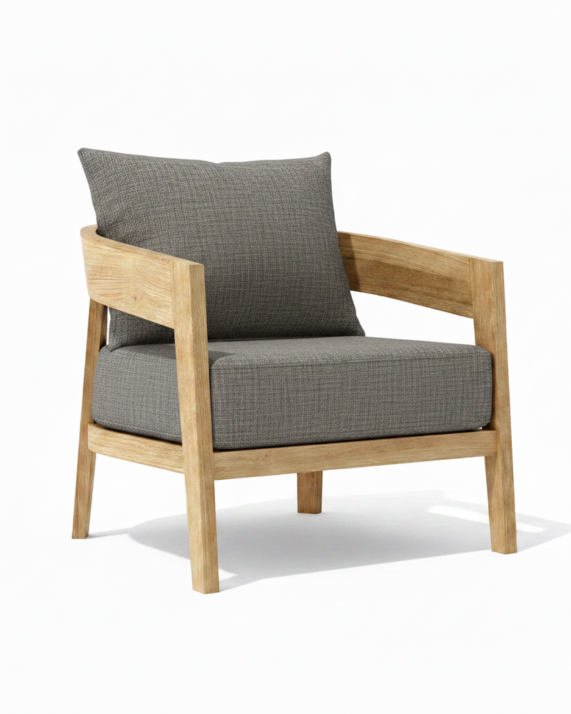 Toscana teak lounge chair with bliss smoke cushion on white background. 