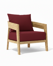 Toscana teak lounge chair with burgundy cushion on white background.  