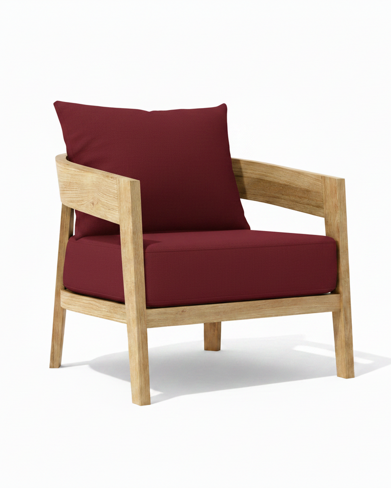 Toscana teak lounge chair with burgundy cushion on white background.  