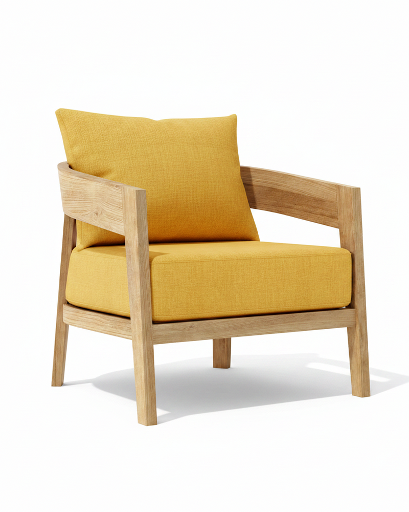 Toscana teak lounge chair with buttercup cushion on white background. 