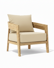 Toscana teak lounge chair with canvas antique beige cushion on white background. 