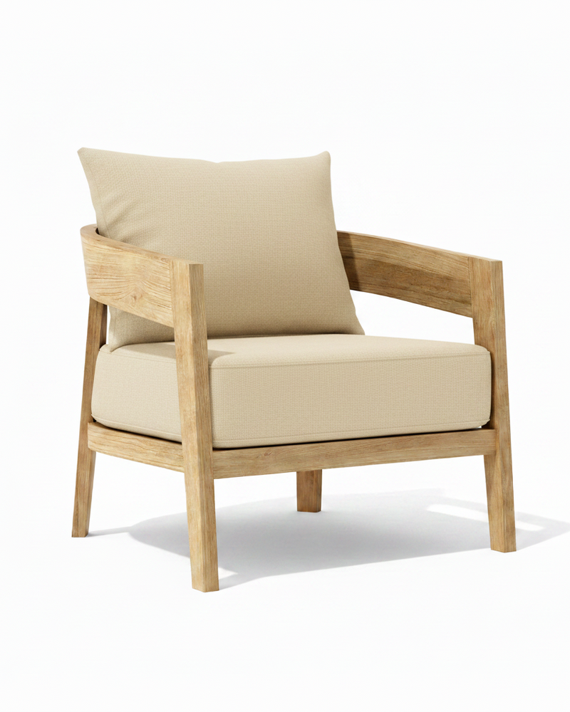 Toscana teak lounge chair with canvas antique beige cushion on white background. 