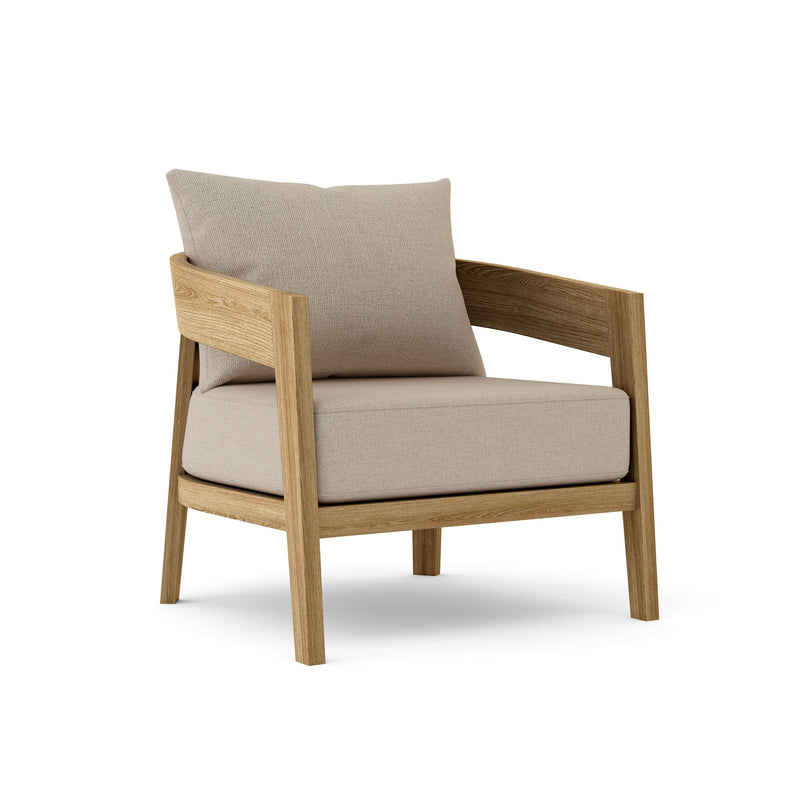 Toscana teak lounge chair with cast ash cushion on white background. 