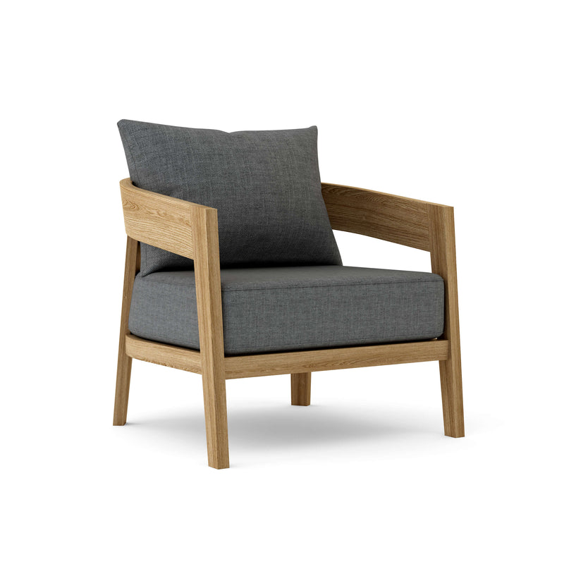Toscana teak lounge chair with cast charcoal cushion on white background. 