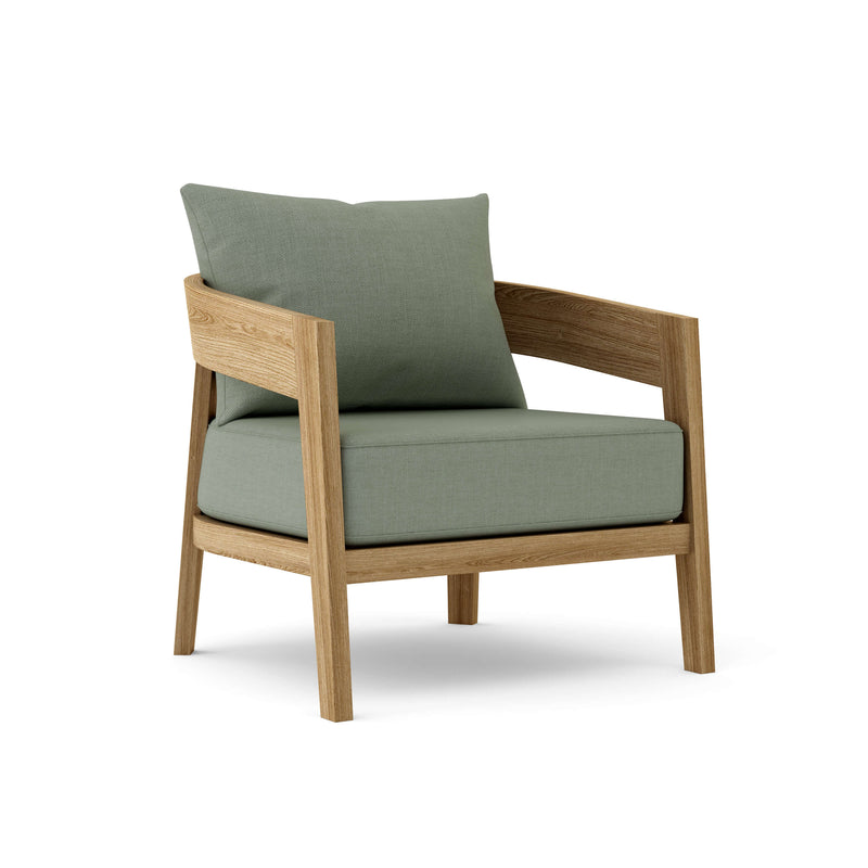 Toscana teak lounge chair with  cast sage cushion on white background. 
