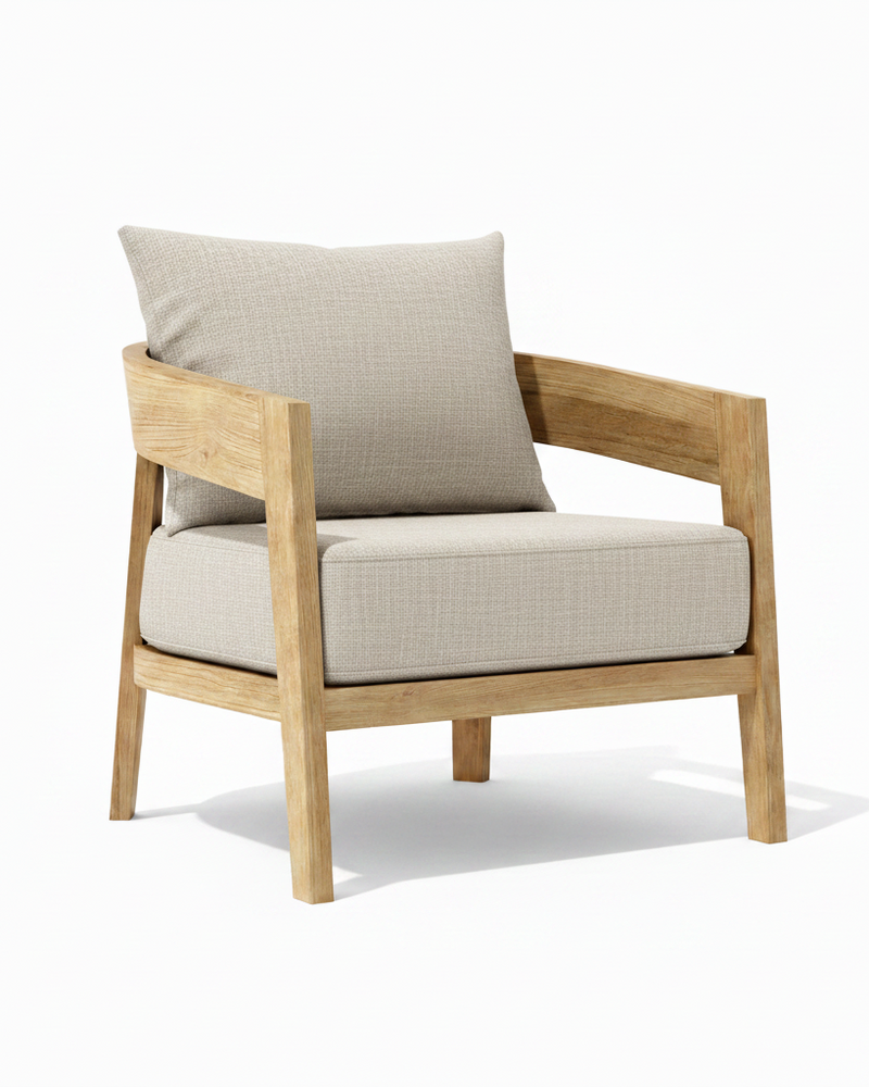Toscana teak lounge chair with cast silver cushion on white background.
