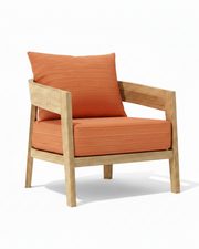 Toscana teak lounge chair with dupione papaya cushion on white background. 