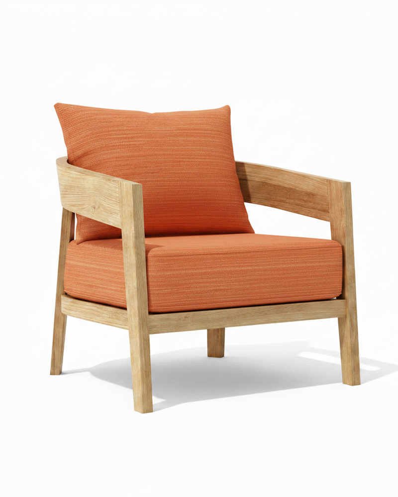 Toscana teak lounge chair with dupione papaya cushion on white background. 