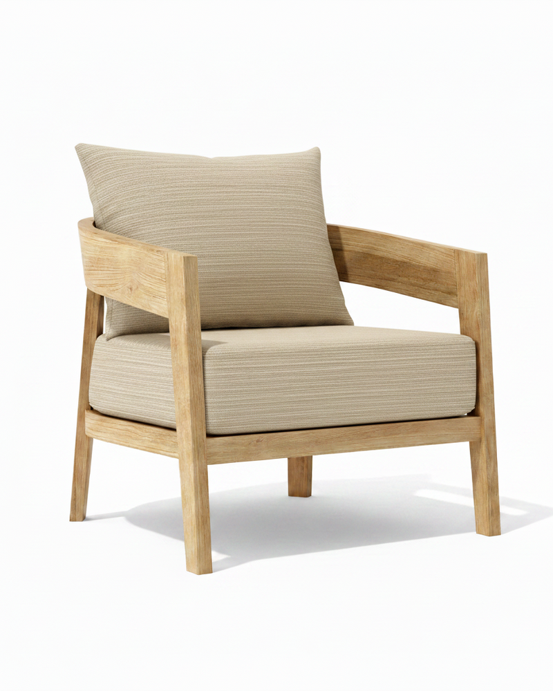 Toscana teak lounge chair with dupione sand cushion on white background. 