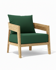 Toscana teak lounge chair with forest green cushion on white background. 