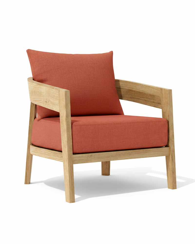 Toscana teak lounge chair with henna cushion on white background. 