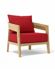 Toscana teak lounge chair with jockey red cushion on white background. 