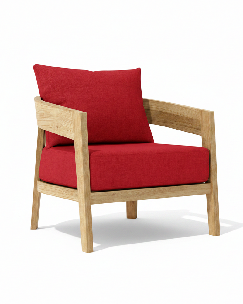 Toscana teak lounge chair with jockey red cushion on white background. 