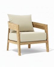 Toscana teak lounge chair with linen canvas cushion on white background. 