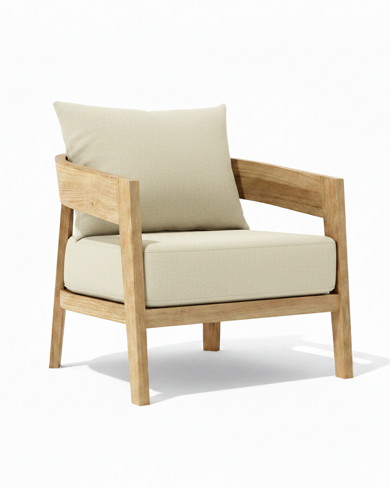 Toscana teak lounge chair with linen canvas cushion on white background. 