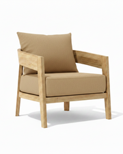 Toscana teak lounge chair with linen sesame cushion on white background. 
