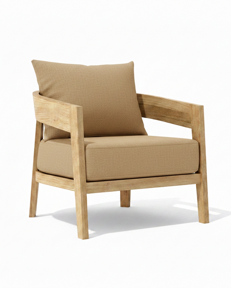 Toscana teak lounge chair with linen sesame cushion on white background. 