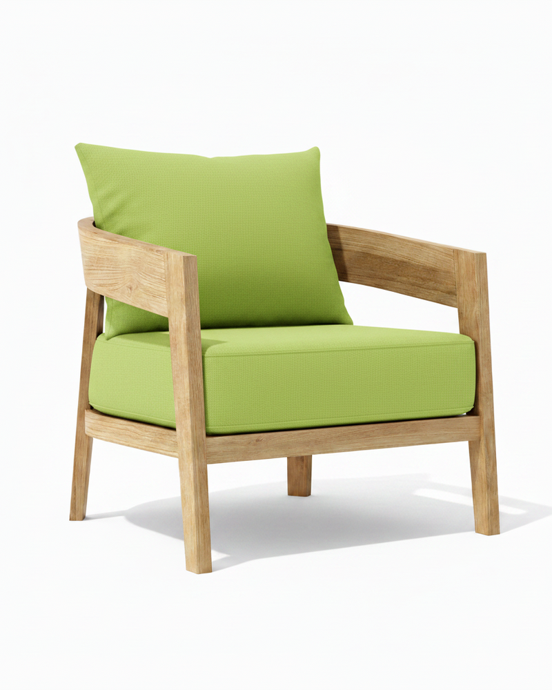 Toscana teak lounge chair with macaw cushion on white background. 