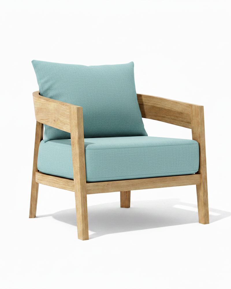 Toscana teak lounge chair with mineral blue cushion on white background. 