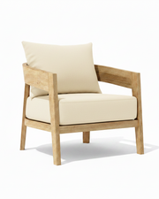 Toscana teak lounge chair with natural cushion on white background. 