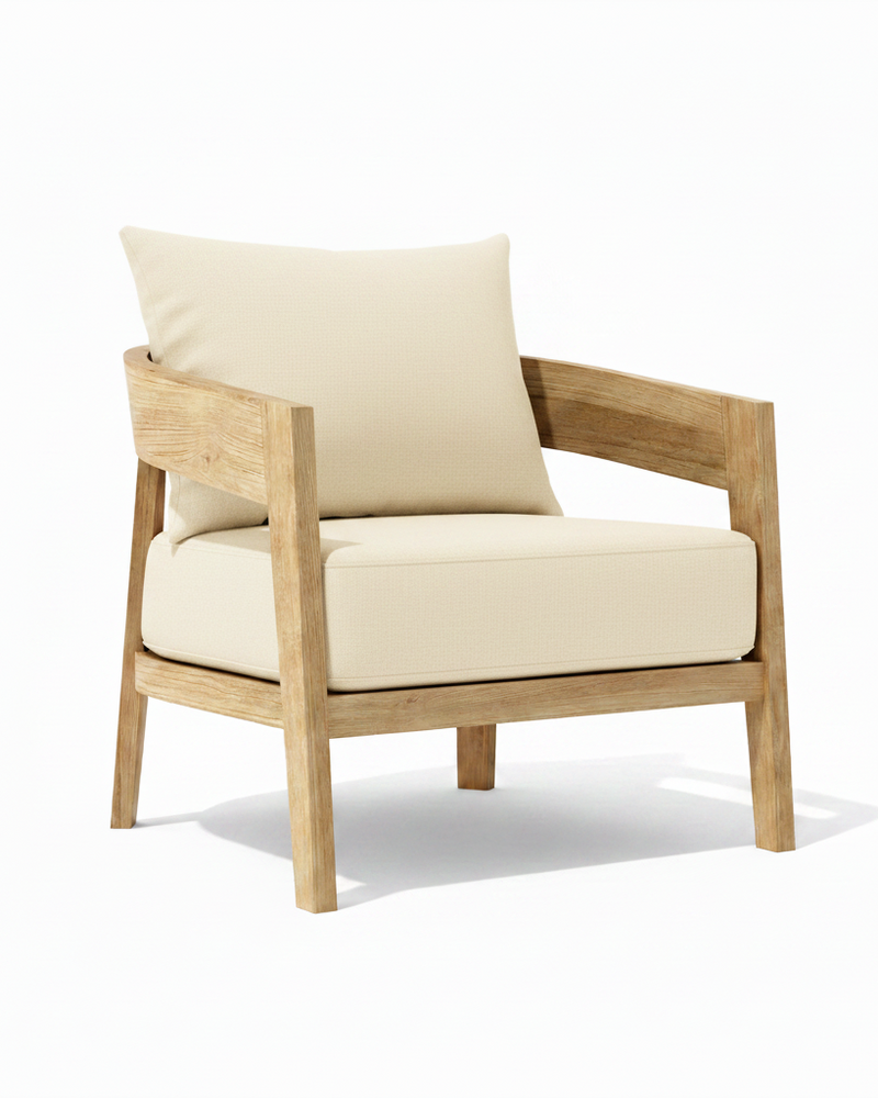 Toscana teak lounge chair with natural cushion on white background. 
