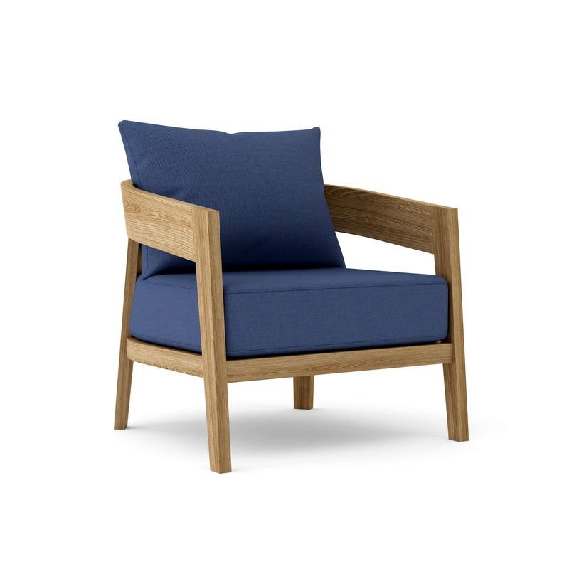 Toscana teak lounge chair with navy cushion on white background. 