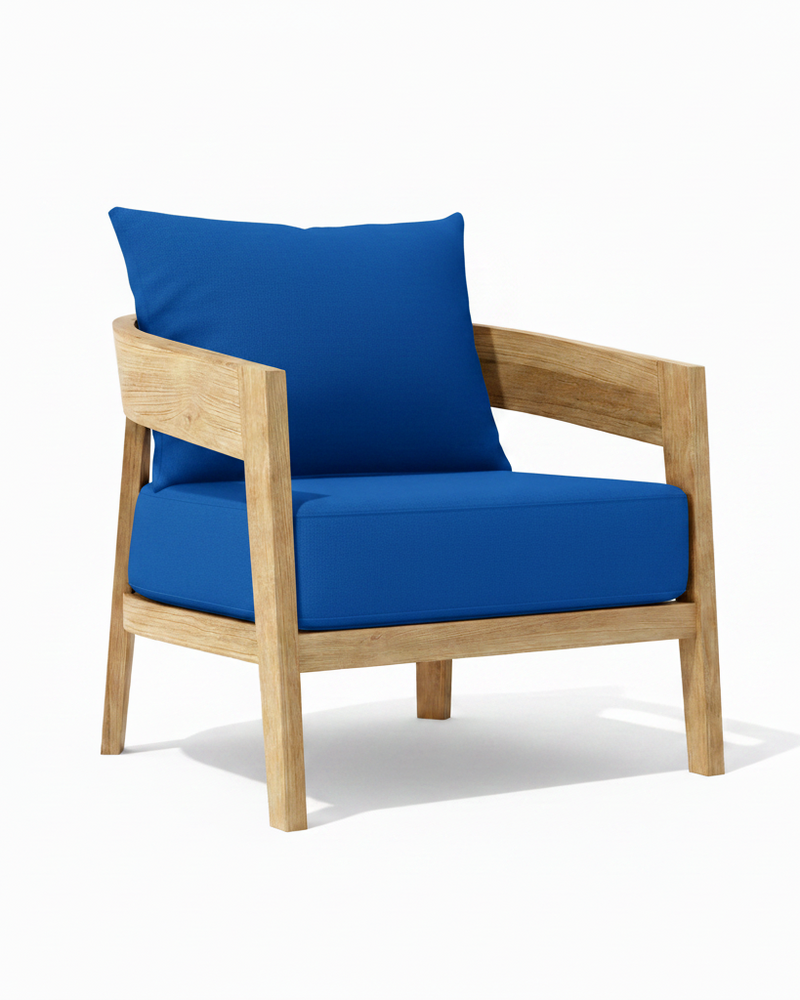 Toscana teak lounge chair with pacific blue cushion on white background. 