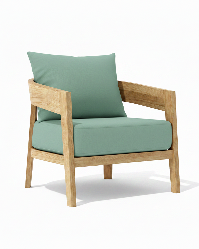 Toscana teak lounge chair with spa cushion on white background. 