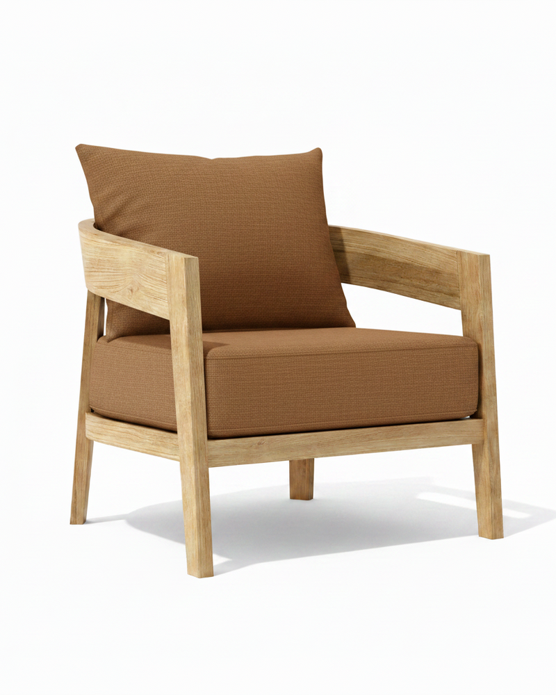 Toscana teak lounge chair with teak cushion on white background. 