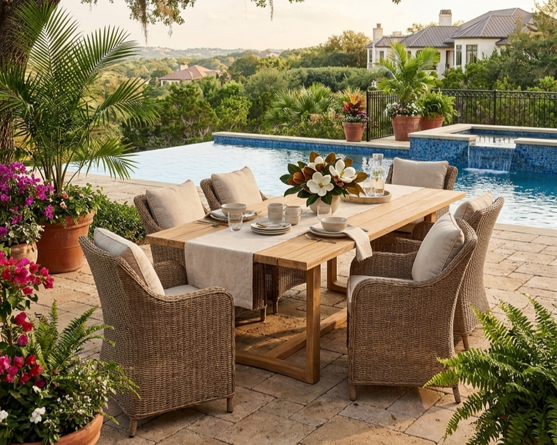 Toscana dining table on a stone patio near a pool with wicker chairs and pillows.  