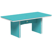 Turquoise outdoor table with white trim on a white background