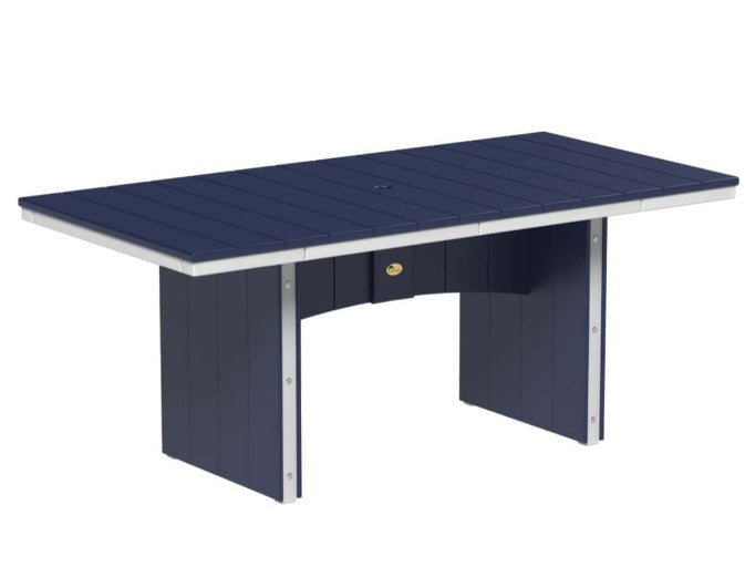 Navy blue outdoor table with white trim on a white background