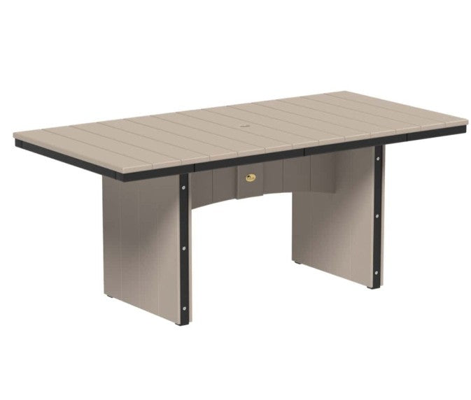 Rectangular outdoor table with a beige top and black sides on a white background