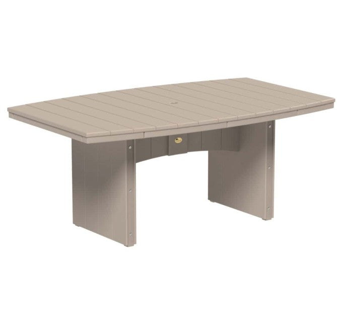 An oval dining table with a slatted top and solid pedestal base, shown in a light taupe or beige color on a plain white background.