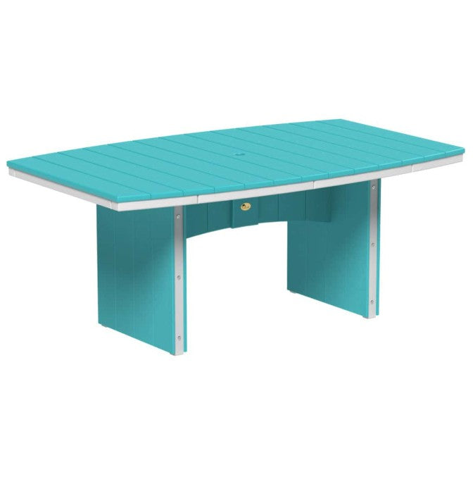 A turquoise outdoor dining table with a slatted top and integrated pedestal legs with white trim, shown against a plain white background.