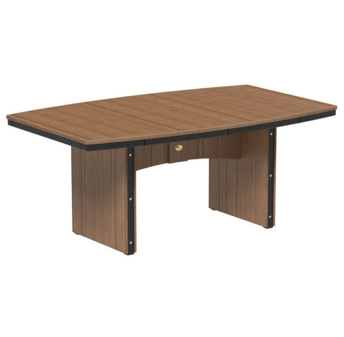 A modern outdoor dining table with a brown wood-grain top and matching vertical slat pedestal bases, accented with black trim and a small gold label on a white background.