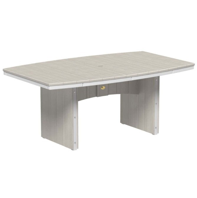 An oval outdoor table with a light gray wood-look top and matching gray panel legs, shown on a plain white background.