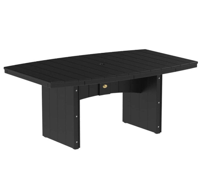 A black outdoor dining table with a slatted top and integrated pedestal base, shown on a plain white background.