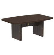 A dark brown dining table with an oval top, slatted pedestal base, shown on a plain white background.