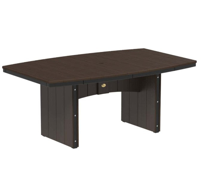 An oval outdoor dining table with a dark brown slatted top and black trim, on a white background.