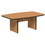 An oval outdoor dining table with a warm brown slatted top and matching brown pedestal base, accented with black trim, shown on a white background.  