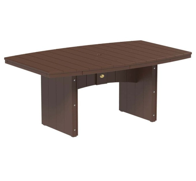 A dark brown outdoor dining table with a slatted top and solid panel legs, shown on a plain white background.