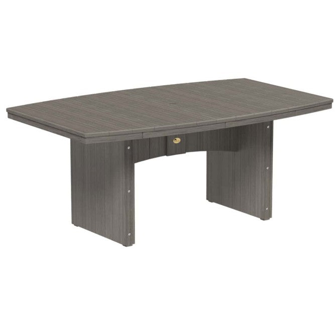 A modern dining table with a dark gray wood-grain finish, featuring a small gold label, set against a plain white background.