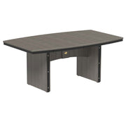 A modern outdoor dining table with an oval top, featuring a dark gray wood-grain finish and black trim with a gold label, shown on a plain white background.