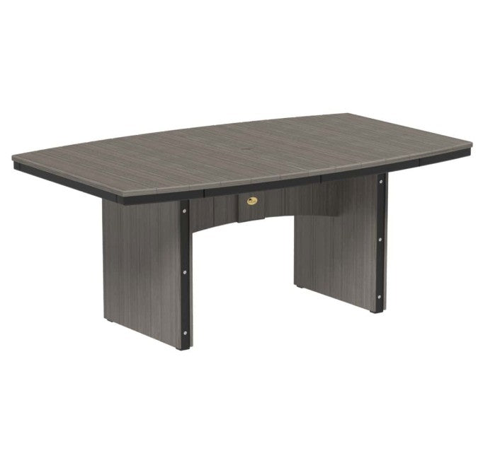 A modern outdoor dining table with an oval top, featuring a dark gray wood-grain finish and black trim with a gold label, shown on a plain white background.