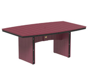 An oval outdoor dining table with a burgundy slatted top and matching vertical panel legs, featuring black corner trim and a small gold-toned lock on the front.