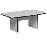 A gray outdoor dining table with a slatted top and solid panel legs with black trim, shown on a plain white background.