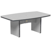 An oval outdoor dining table with a light gray slatted top and a matching gray frame with slate trim, shown on a plain white background.