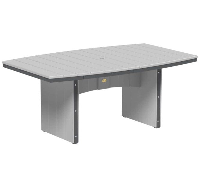 An oval outdoor dining table with a light gray slatted top and a matching gray frame with slate trim, shown on a plain white background.